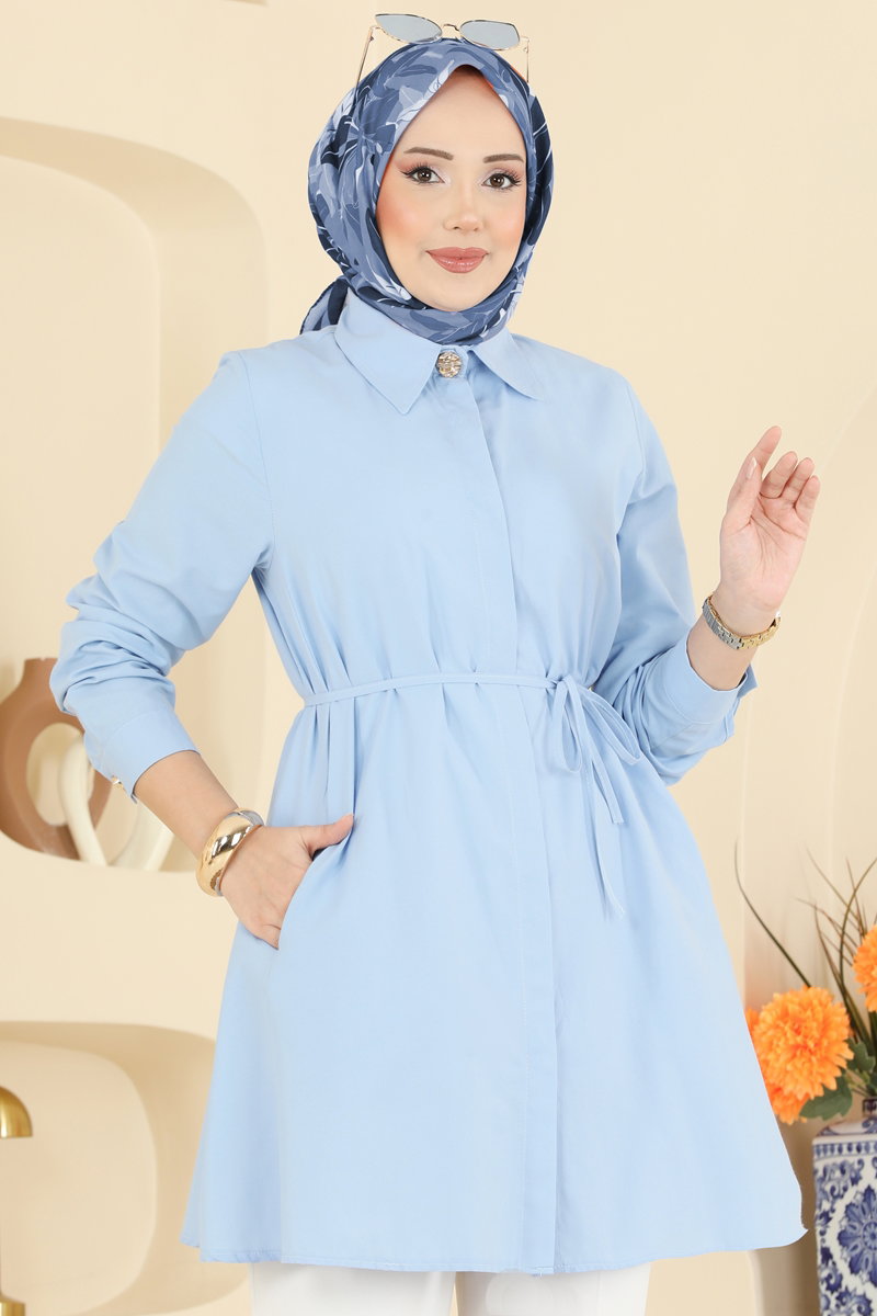 Poly-Cotton Shirt with Tie Waist - Blue