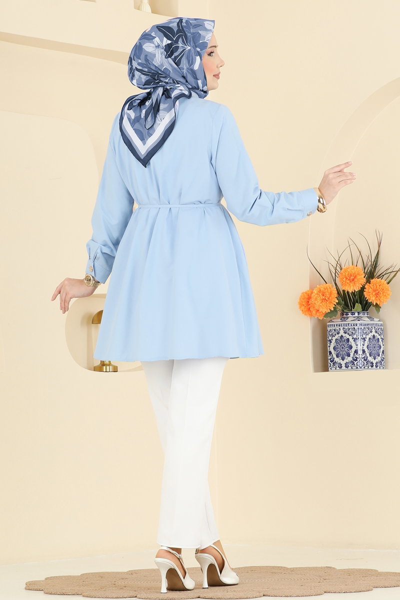 Poly-Cotton Shirt with Tie Waist - Blue