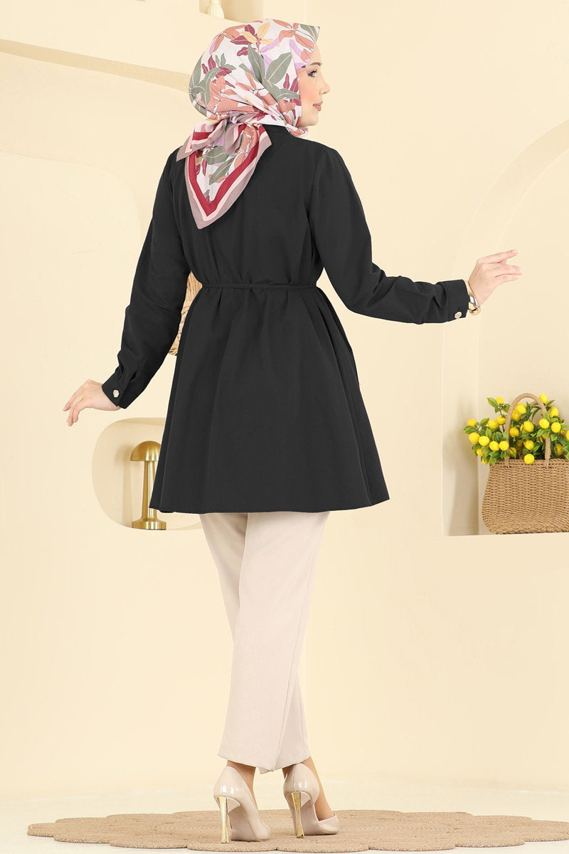 Poly-Cotton Shirt with Tie Waist - Black