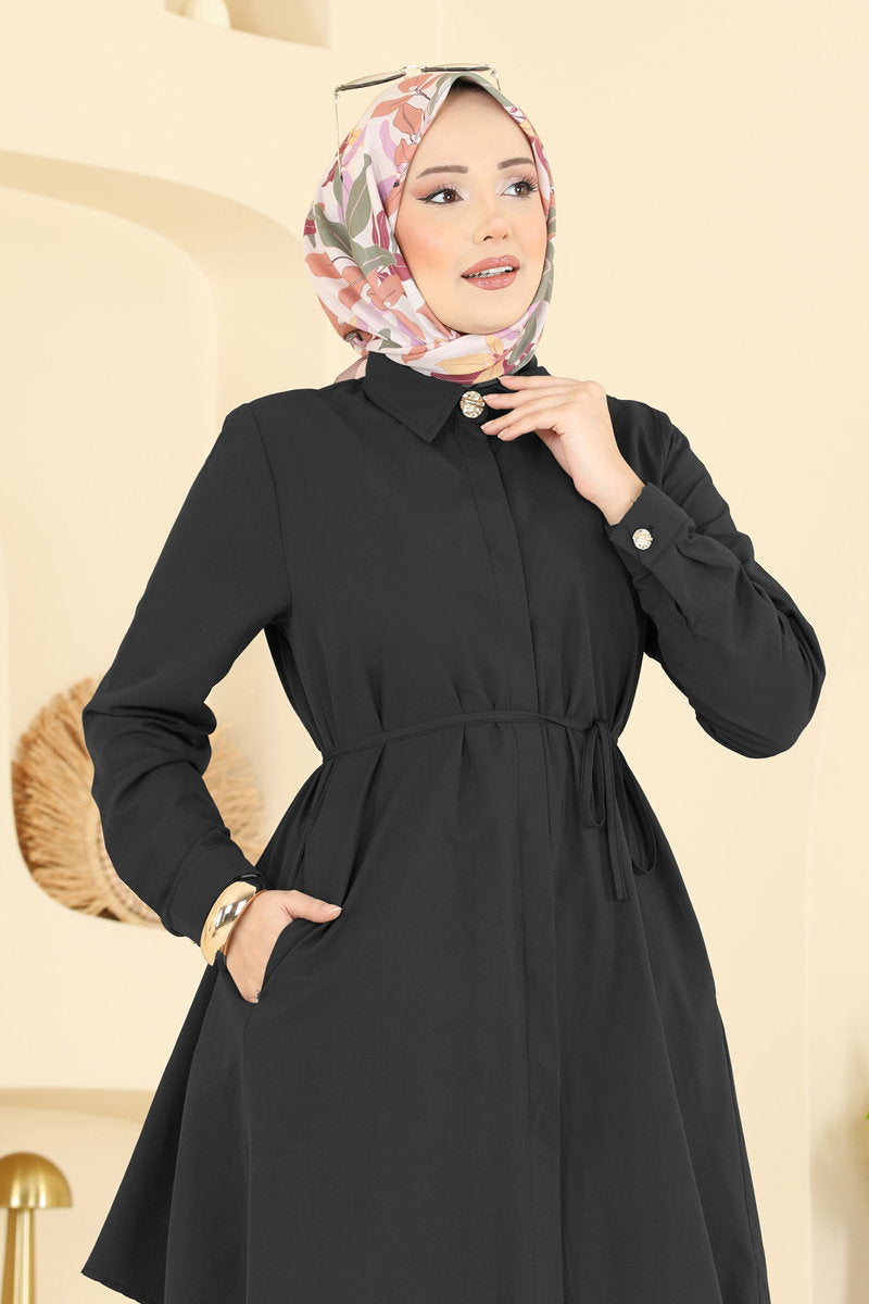 Poly-Cotton Shirt with Tie Waist - Black