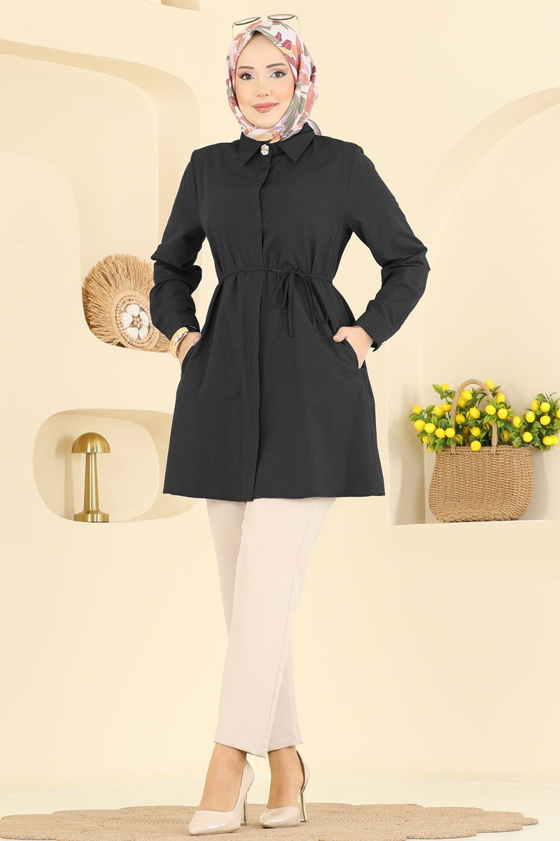 Poly-Cotton Shirt with Tie Waist - Black