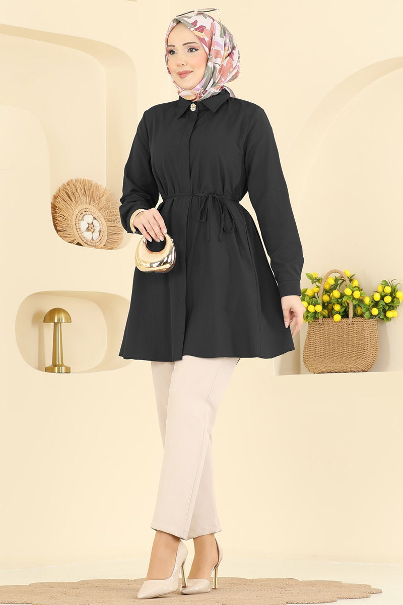 Poly-Cotton Shirt with Tie Waist - Black