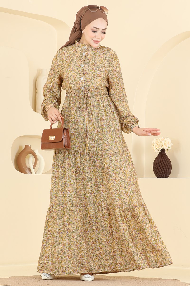 Long Viscose Dress with Tie Waist - Mustard