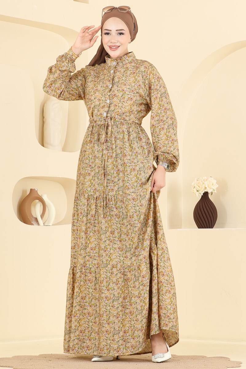 Long Viscose Dress with Tie Waist - Mustard