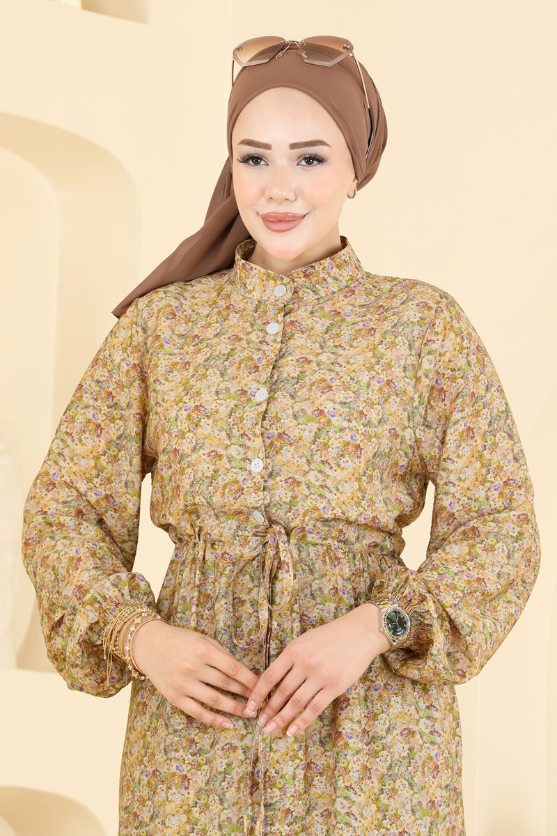 Long Viscose Dress with Tie Waist - Mustard