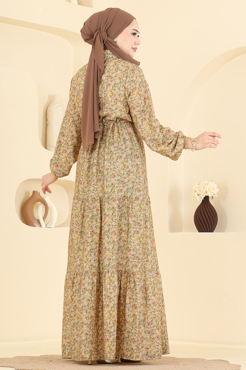 Long Viscose Dress with Tie Waist - Mustard