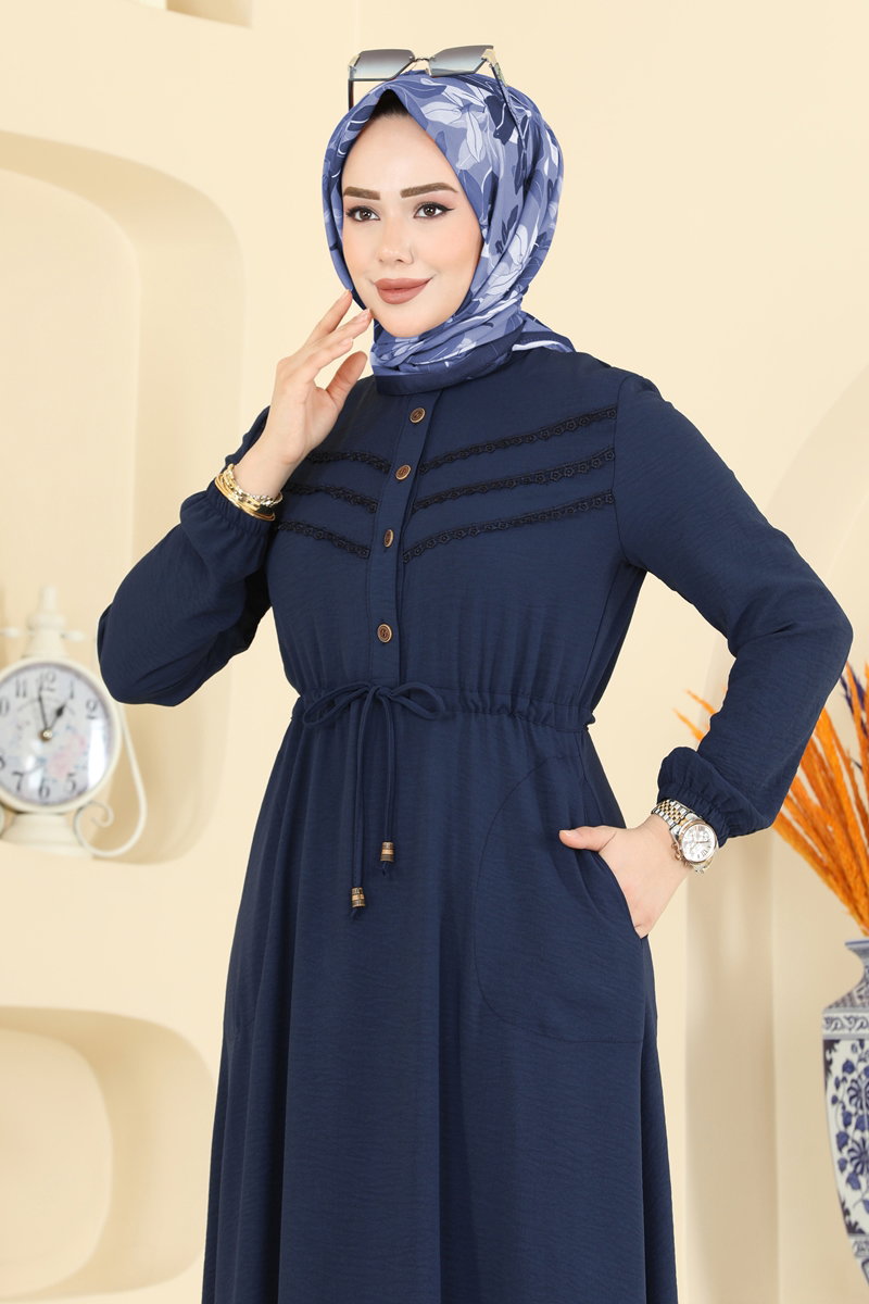 Long Aerobin Dress with Tie Waist - Light Navy