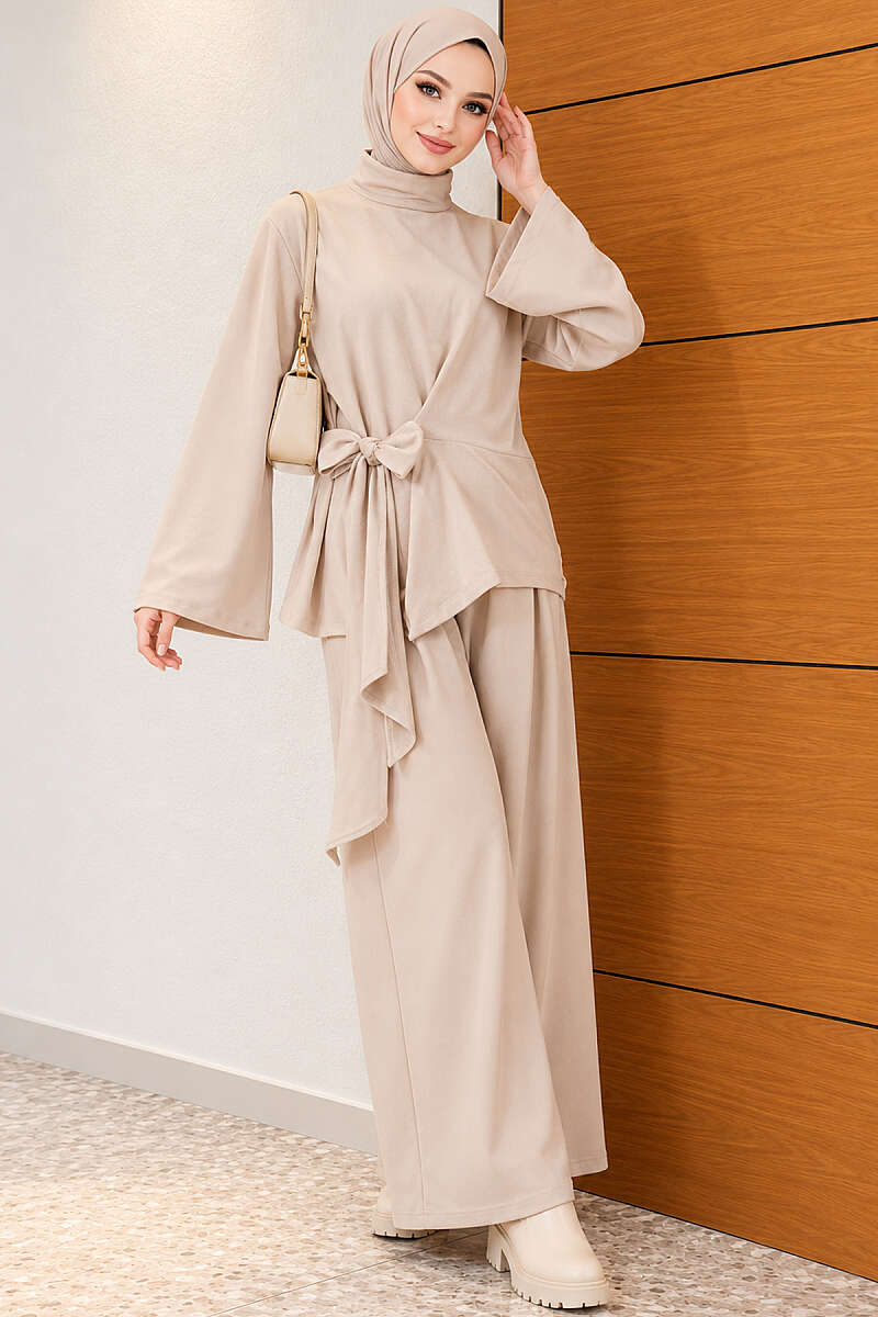 Basic Tie-Waist Two-Piece Set - Beige