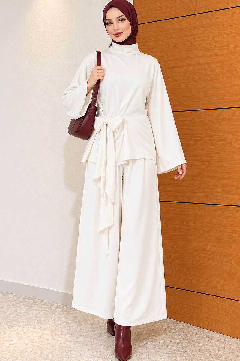 Basic Tie-Waist Two-Piece Set - Ecru
