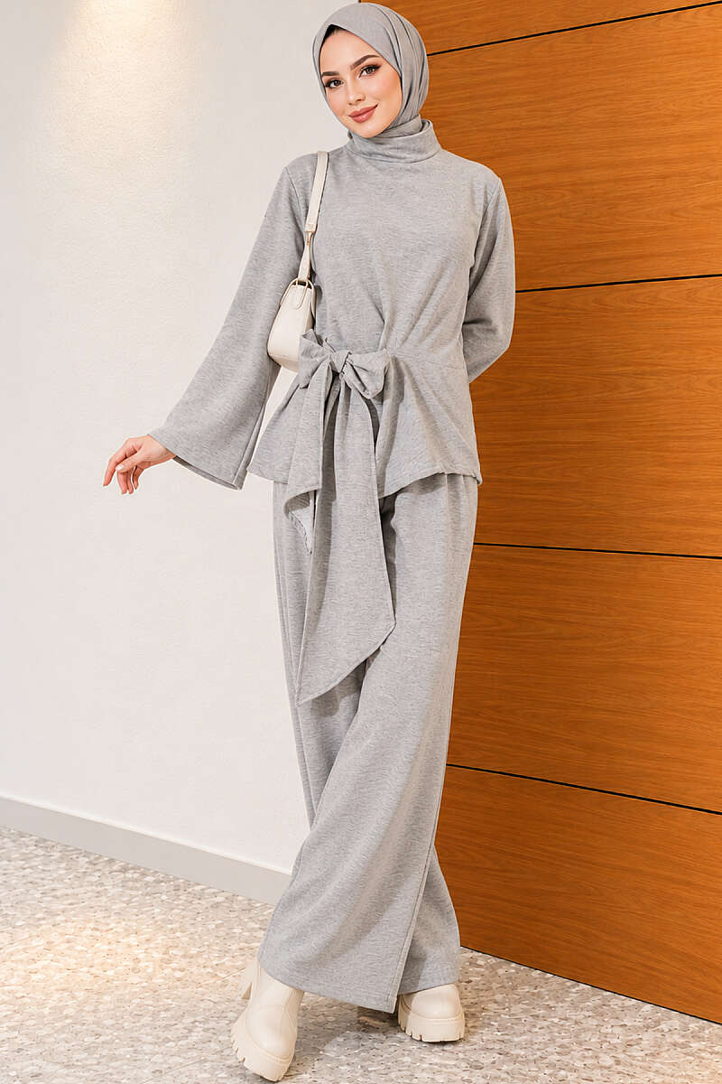 Basic Tie-Waist Two-Piece Set - Grey