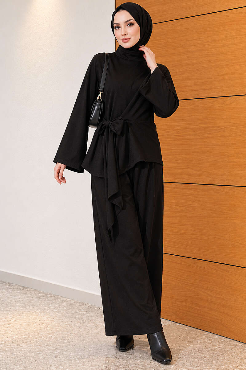 Basic Tie-Waist Two-Piece Set - Black
