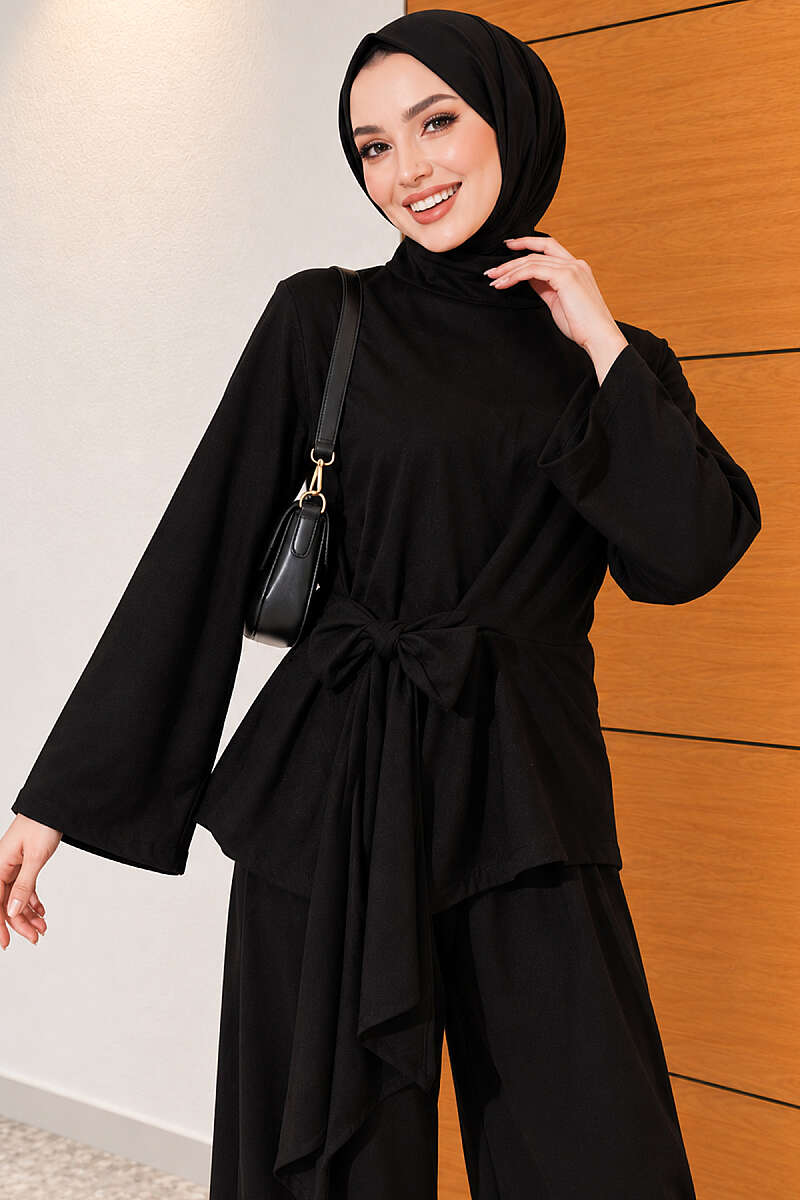 Basic Tie-Waist Two-Piece Set - Black