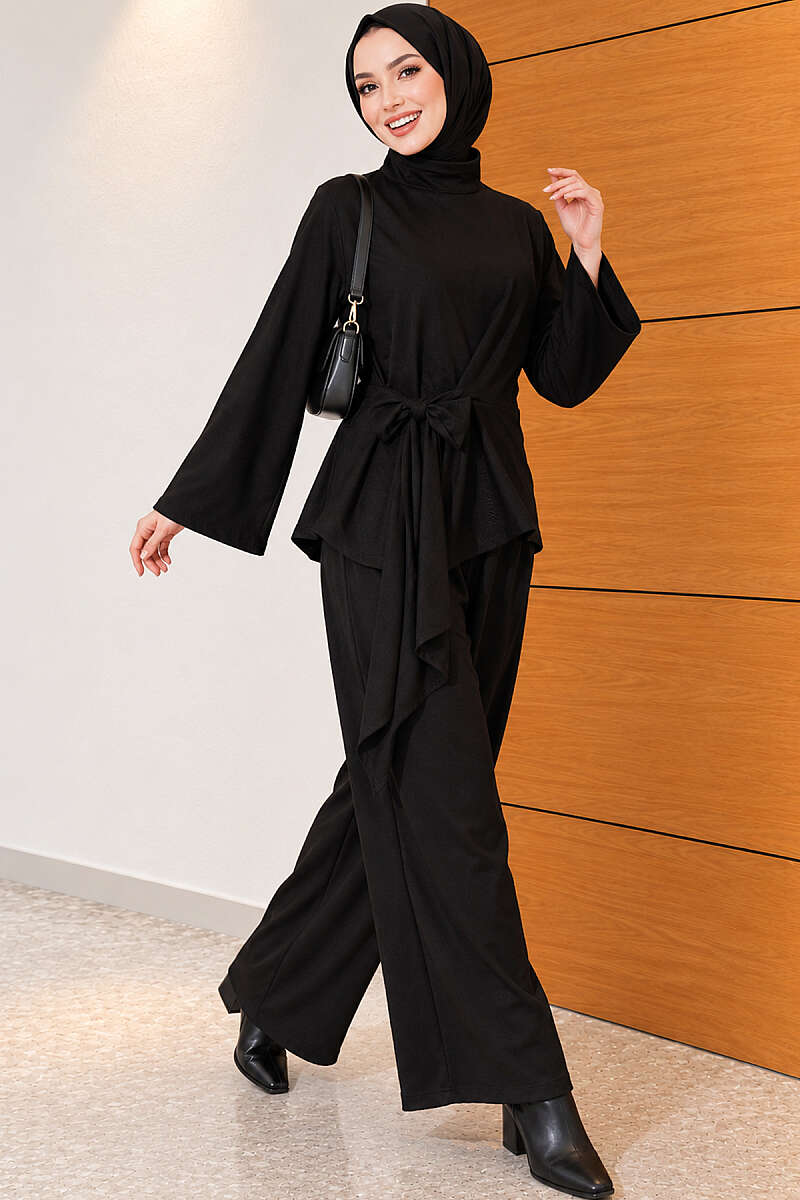 Basic Tie-Waist Two-Piece Set - Black