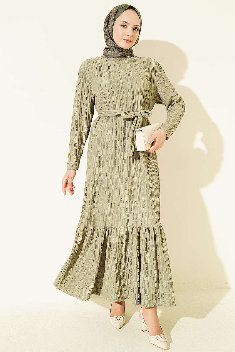 Embossed Pattern Dress with Tie Waist - Almond Green