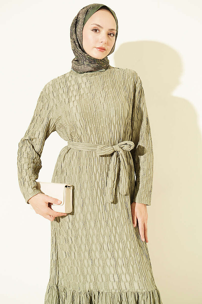 Embossed Pattern Dress with Tie Waist - Almond Green