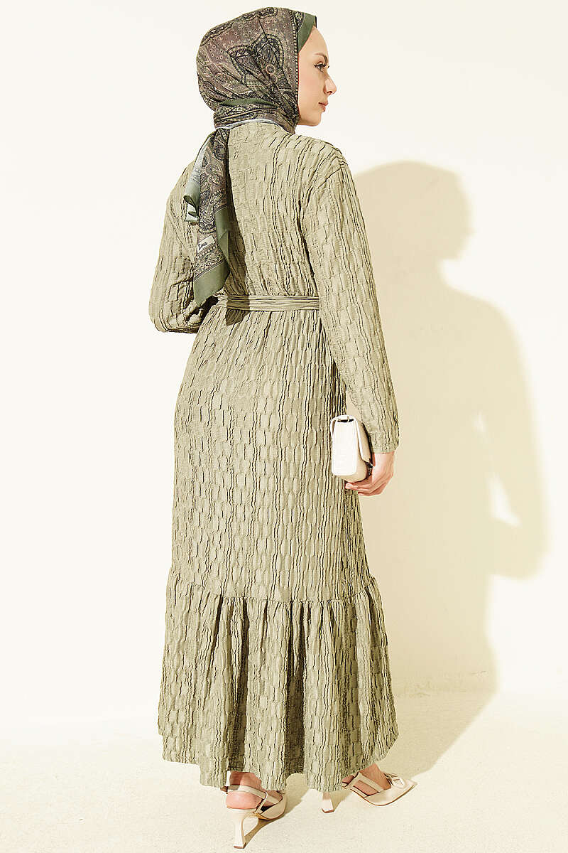 Embossed Pattern Dress with Tie Waist - Almond Green