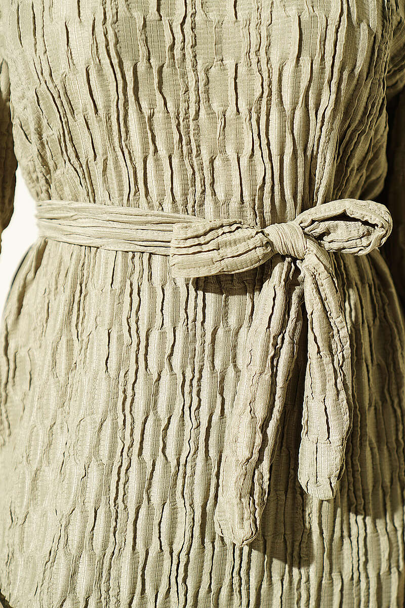Embossed Pattern Dress with Tie Waist - Almond Green