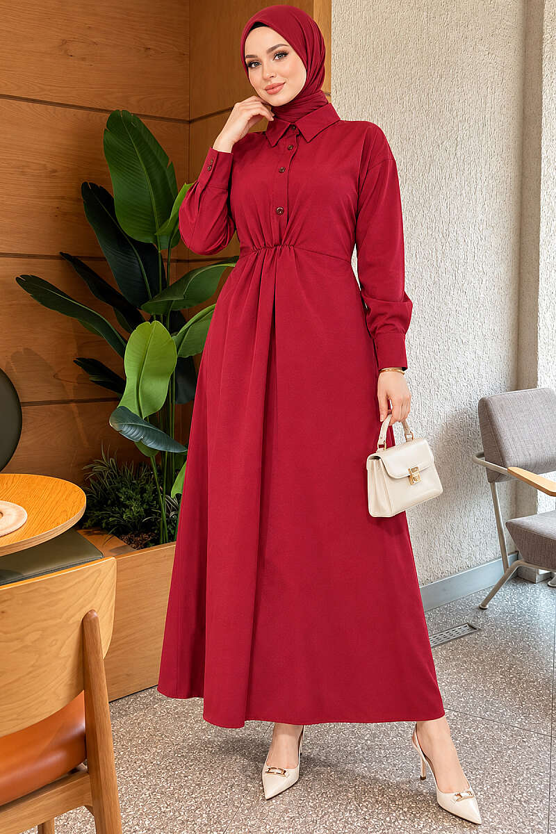 Tie-Waist Polycotton Dress - Burgundy