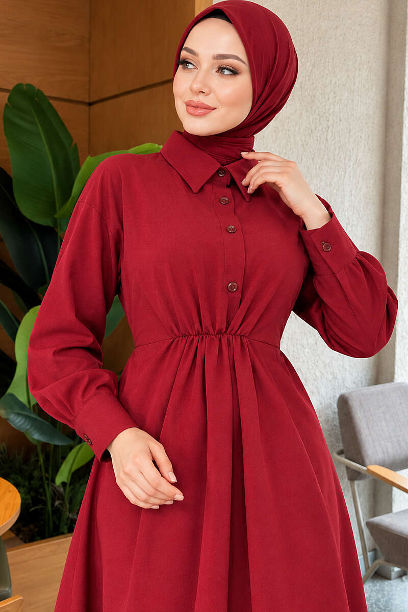 Tie-Waist Polycotton Dress - Burgundy