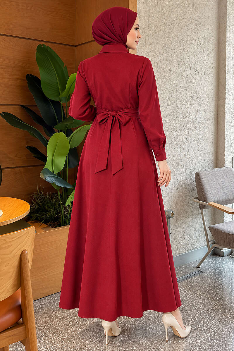 Tie-Waist Polycotton Dress - Burgundy