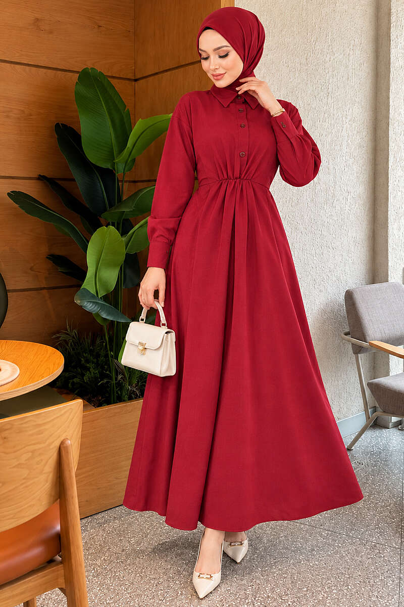 Tie-Waist Polycotton Dress - Burgundy