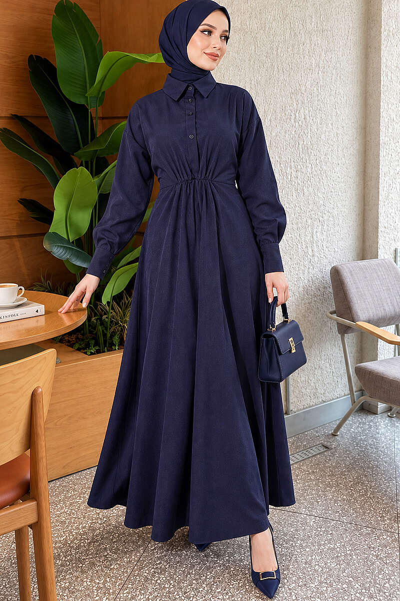 Tie-Waist Polycotton Dress - Navy
