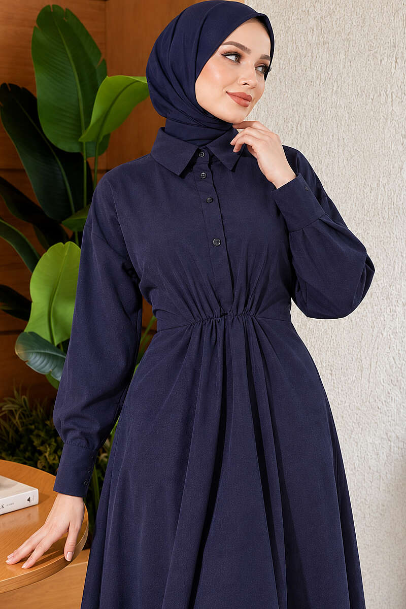 Tie-Waist Polycotton Dress - Navy