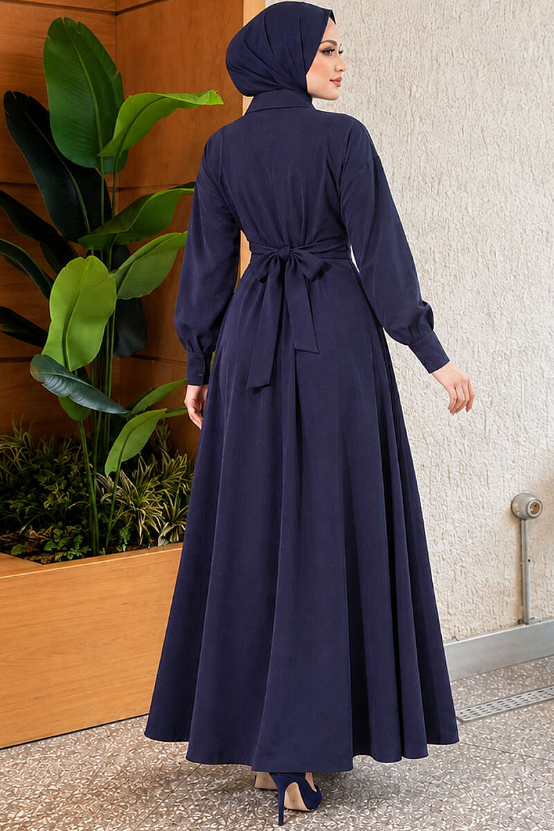 Tie-Waist Polycotton Dress - Navy