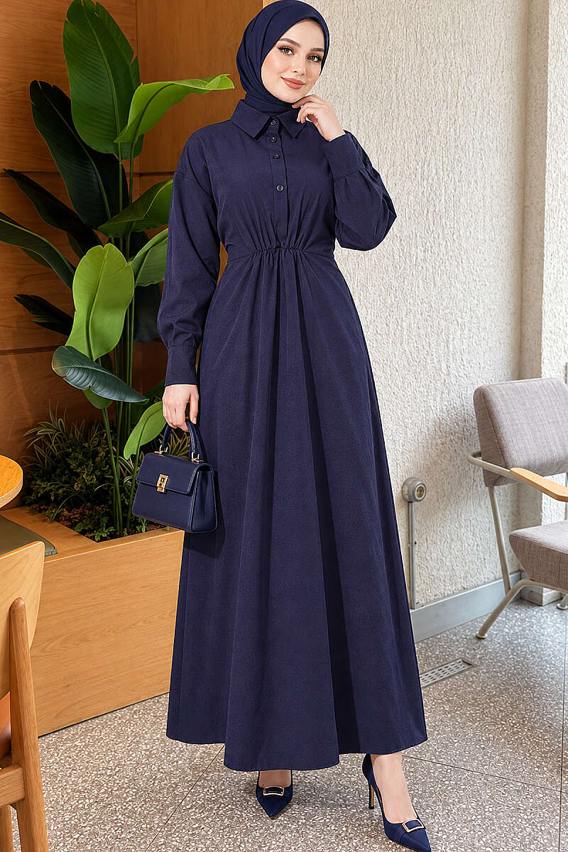 Tie-Waist Polycotton Dress - Navy