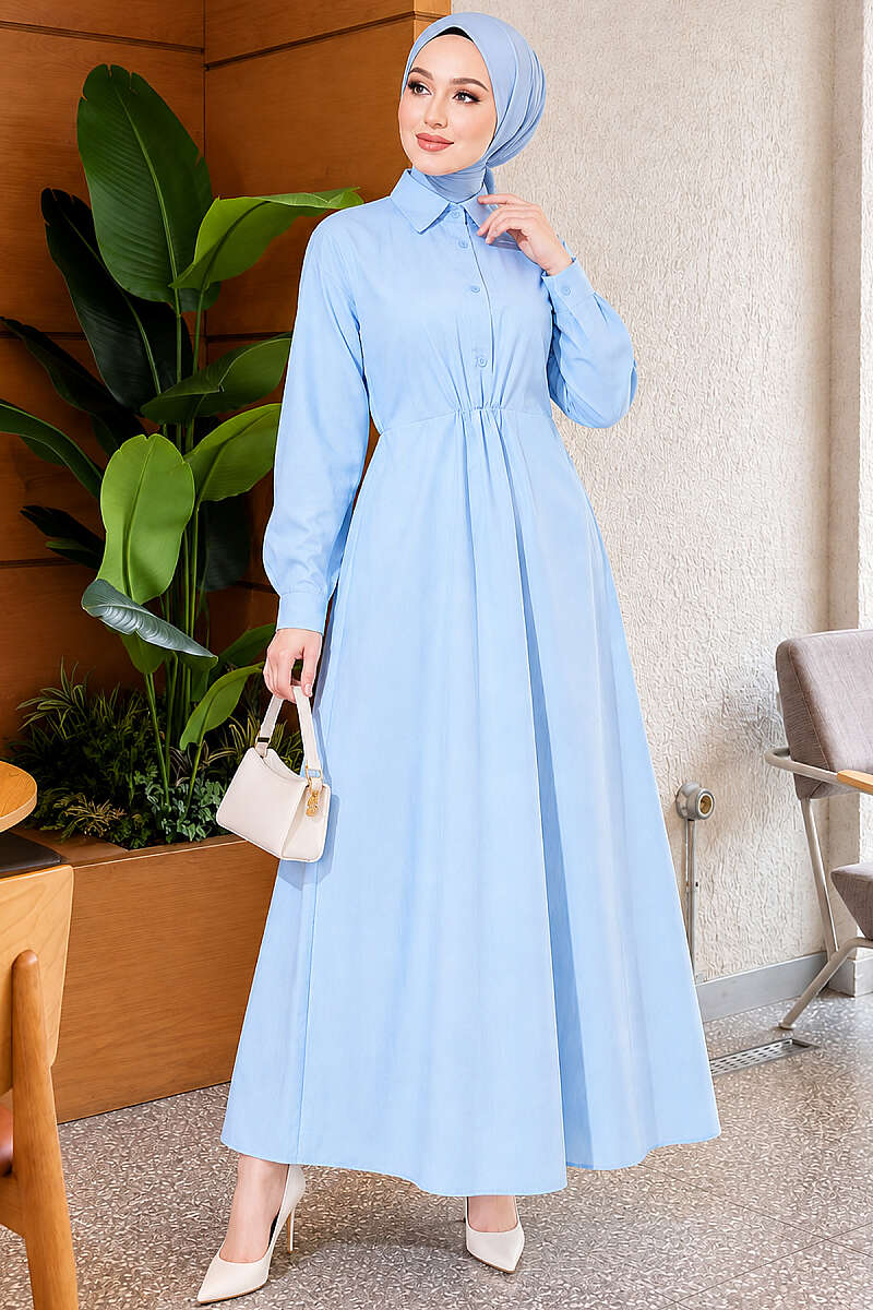 Tie-Waist Polycotton Dress - Blue