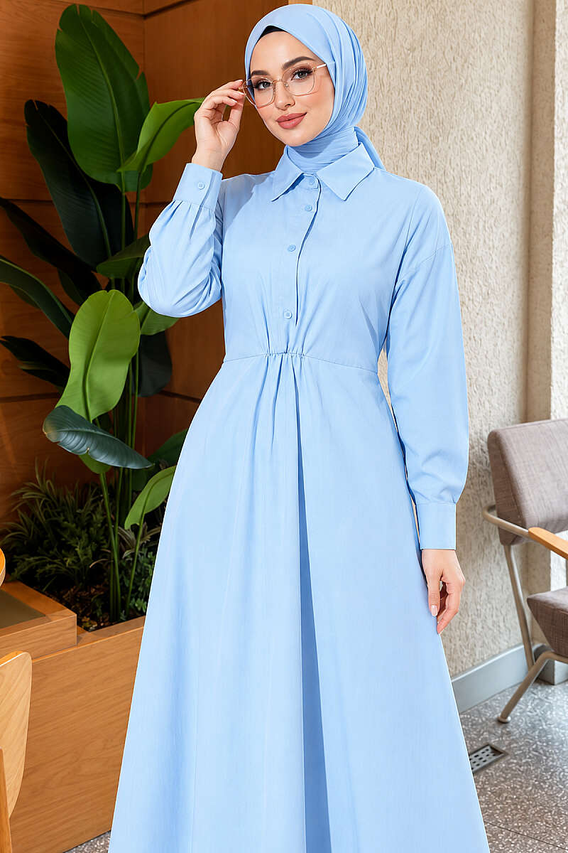 Tie-Waist Polycotton Dress - Blue