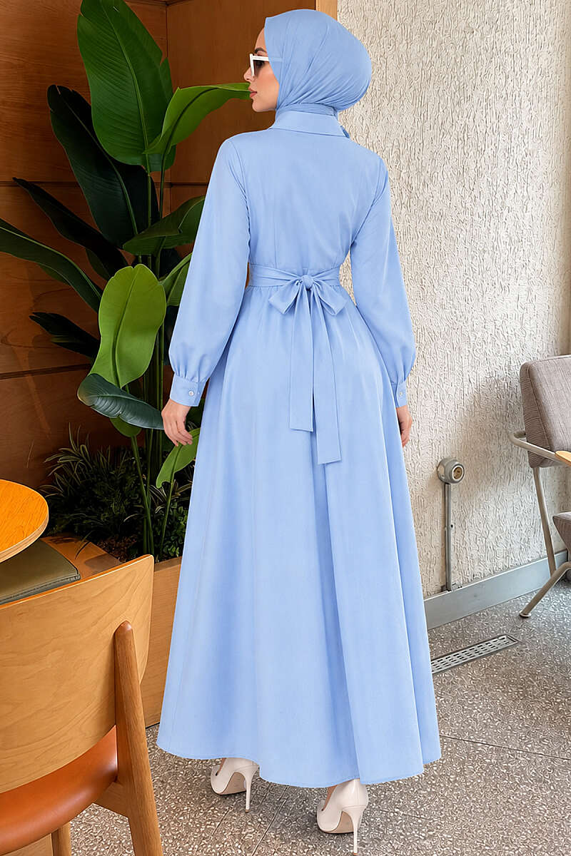Tie-Waist Polycotton Dress - Blue