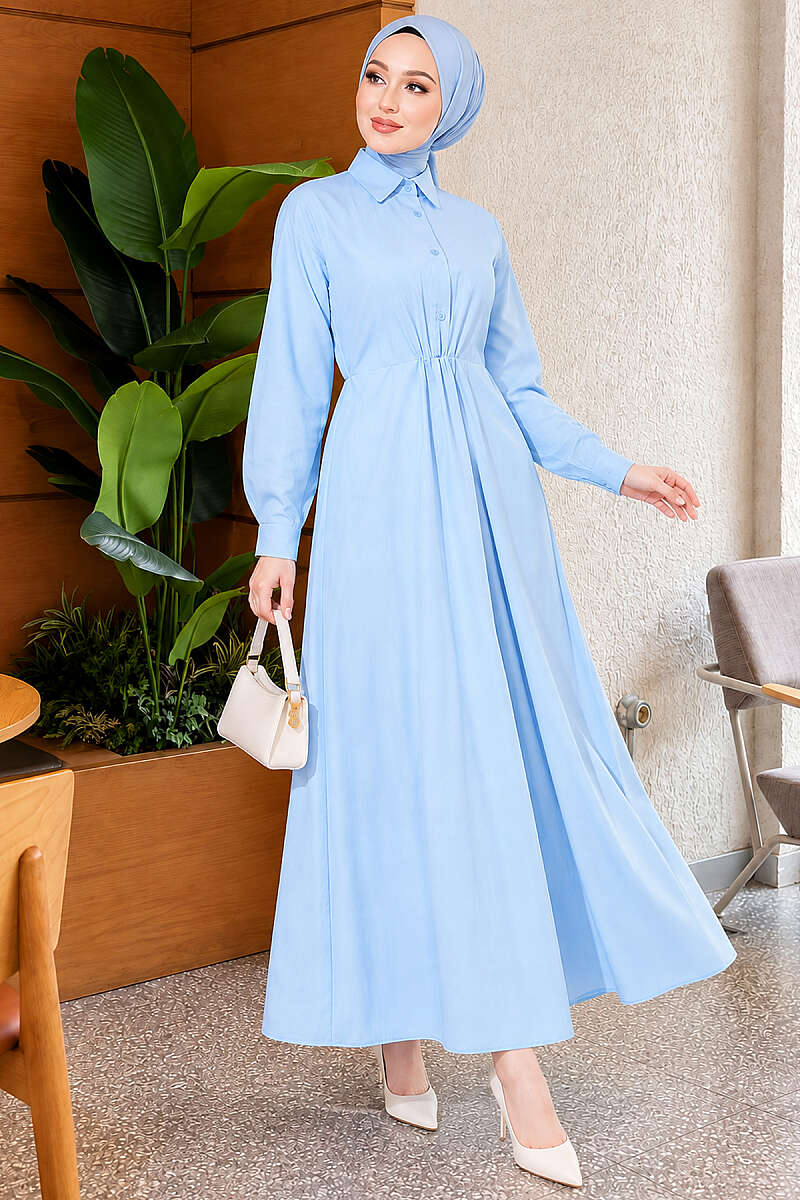 Tie-Waist Polycotton Dress - Blue