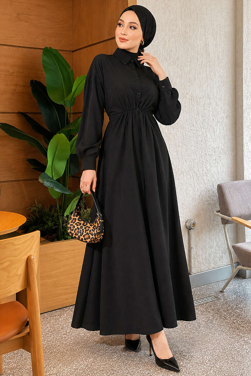 Tie-Waist Polycotton Dress - Black