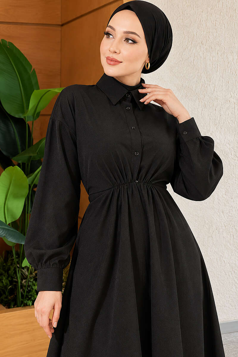 Tie-Waist Polycotton Dress - Black