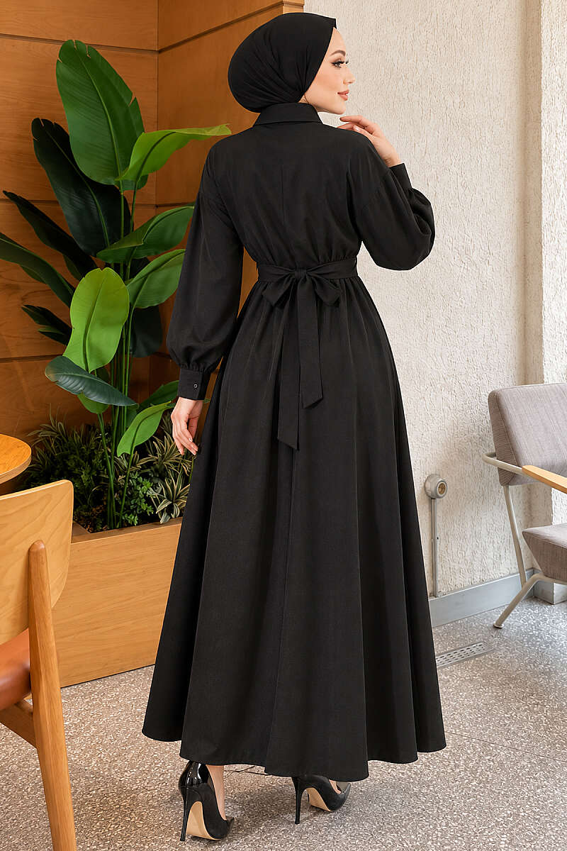 Tie-Waist Polycotton Dress - Black