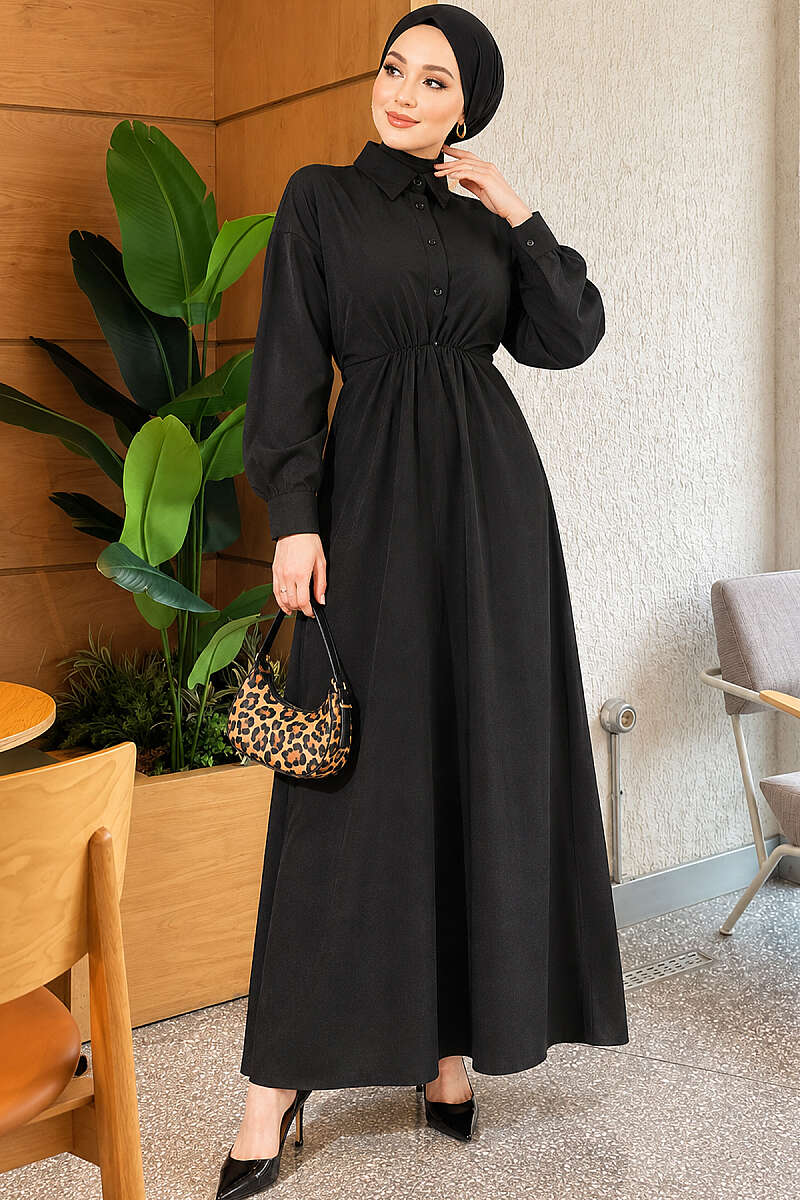 Tie-Waist Polycotton Dress - Black