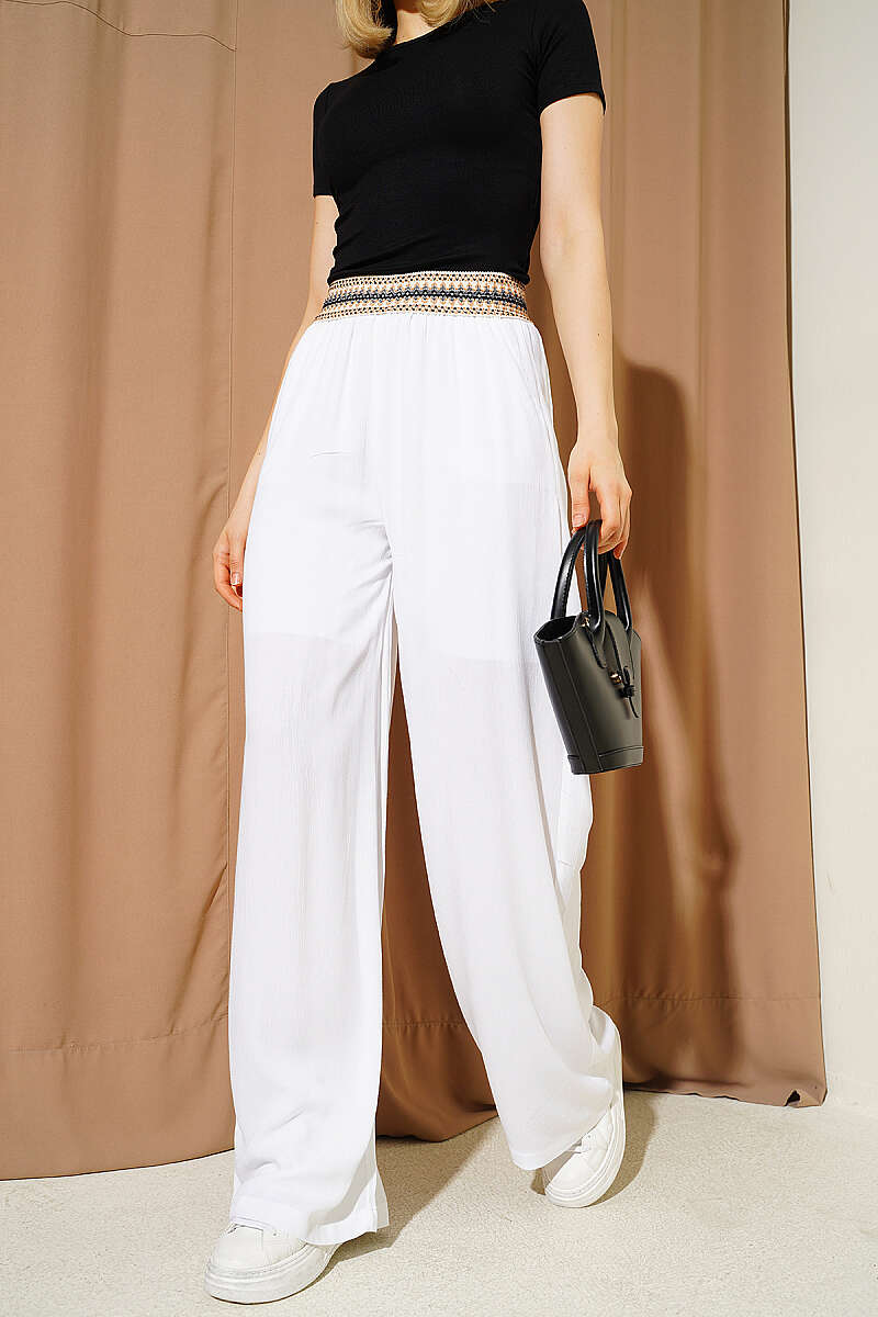 Wide-Leg Trousers with Ethnic Print Waist - White