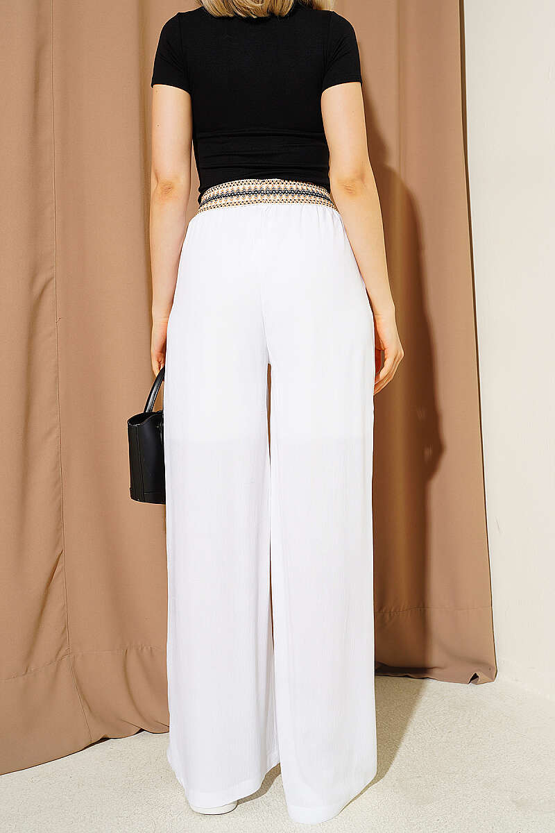 Wide-Leg Trousers with Ethnic Print Waist - White