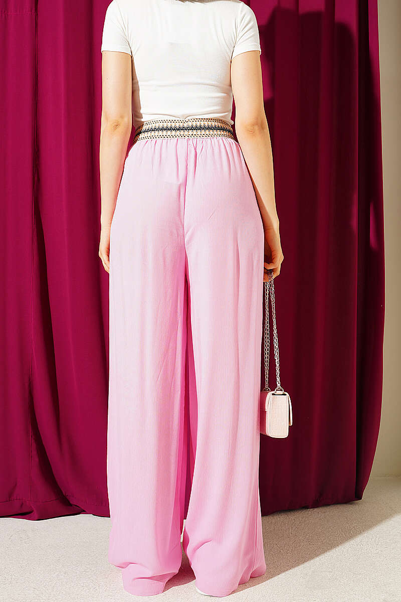 Wide-Leg Trousers with Ethnic Print Waist - Pink