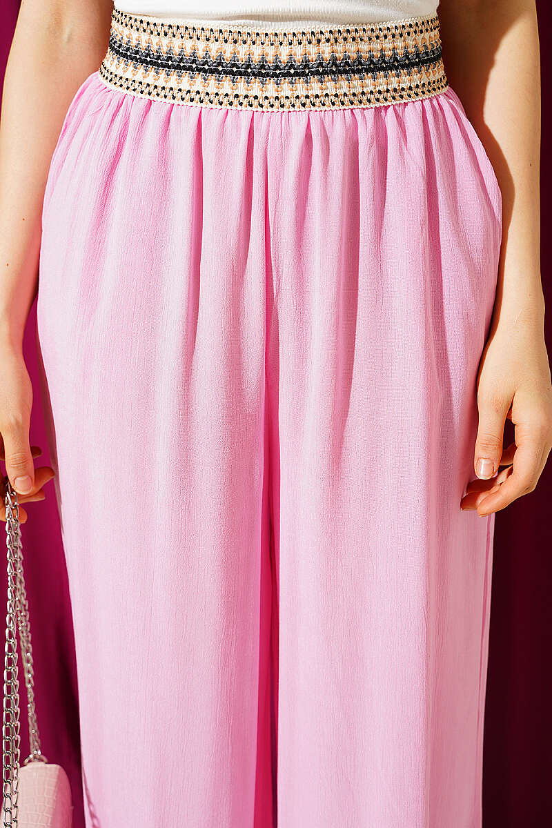 Wide-Leg Trousers with Ethnic Print Waist - Pink