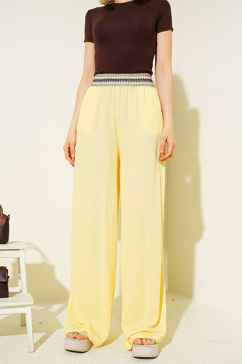 Wide-Leg Trousers with Ethnic Print Waist - Yellow