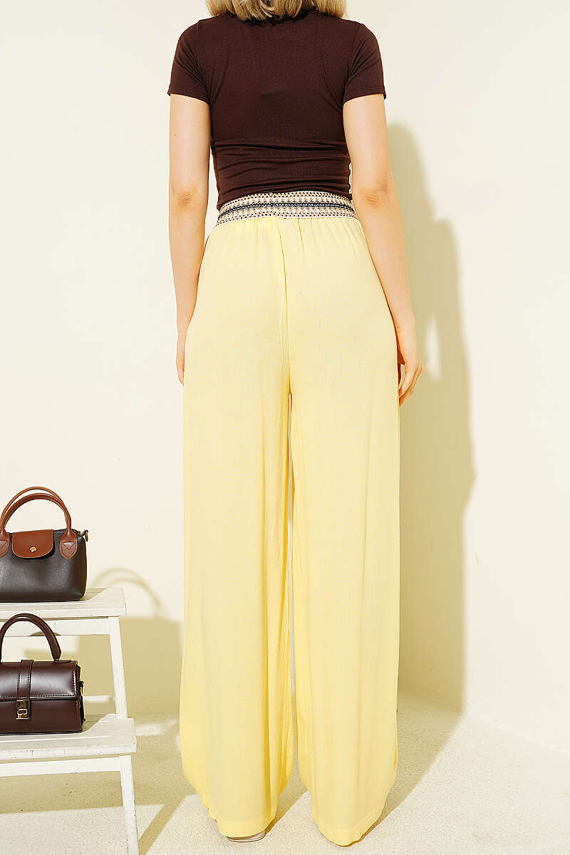 Wide-Leg Trousers with Ethnic Print Waist - Yellow