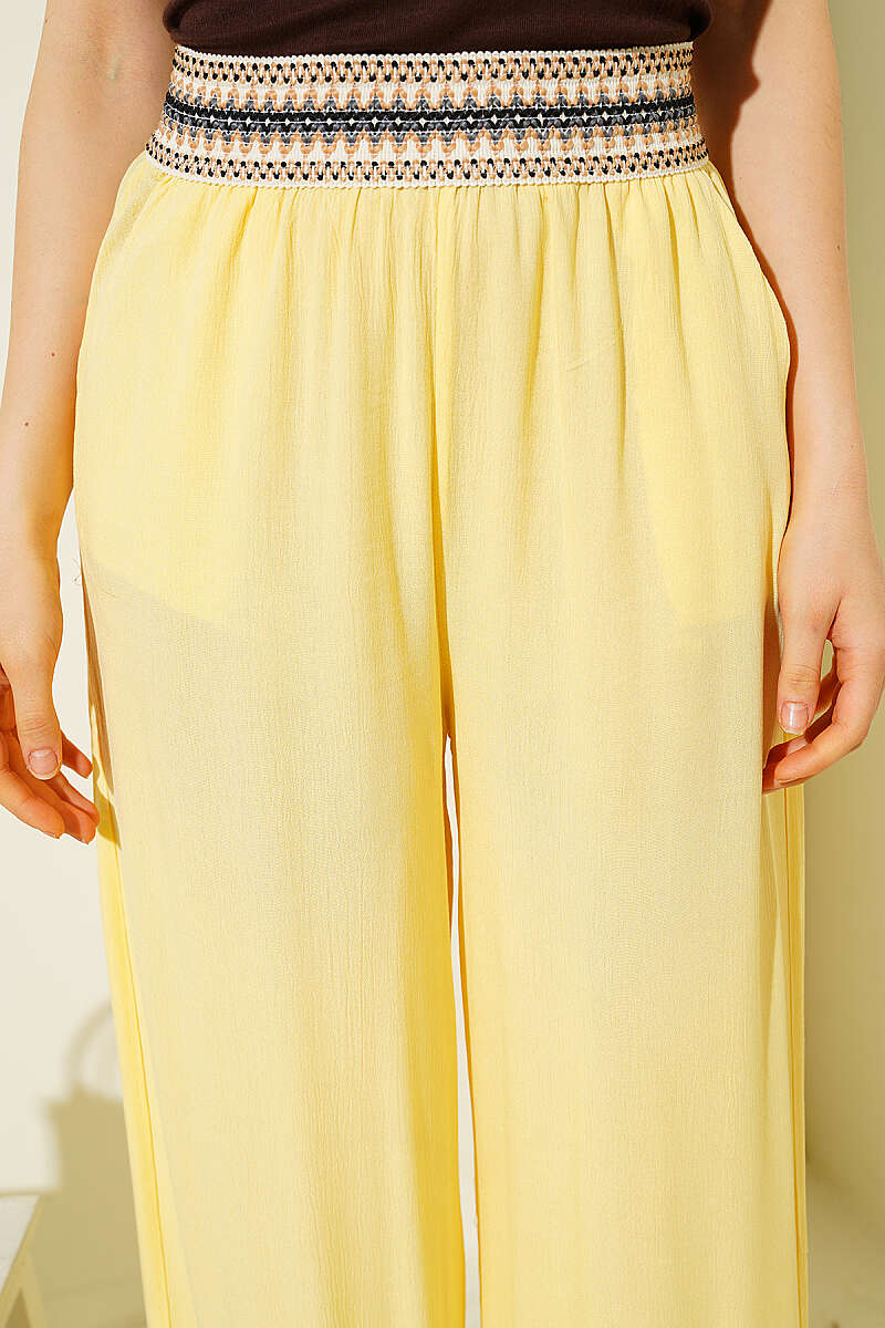 Wide-Leg Trousers with Ethnic Print Waist - Yellow