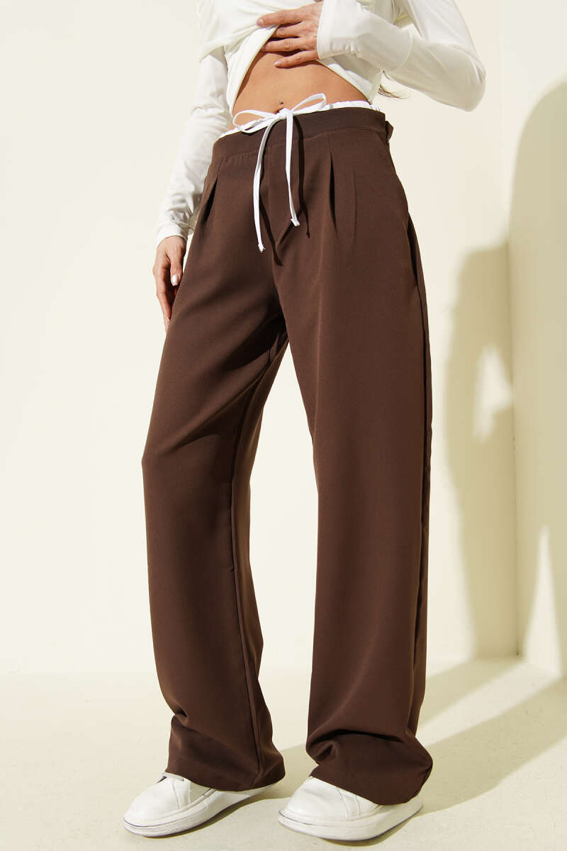 Pants with Zip Waist and Trim - Brown