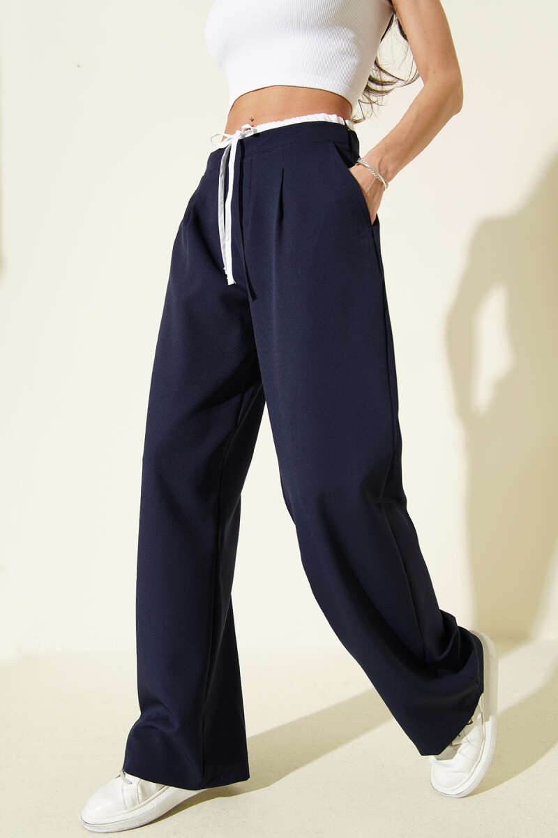 Pants with Zip Waist and Trim - Navy
