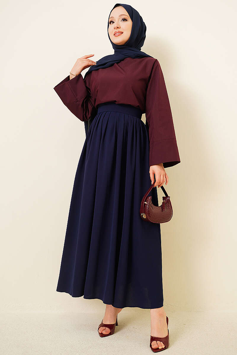 Pleated Skirt with Zip Waist - Navy