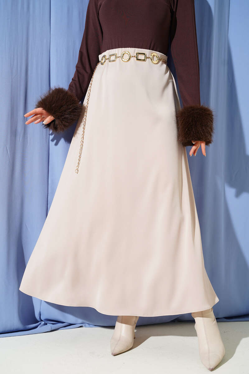 Satin Skirt with Waist Zip - Beige