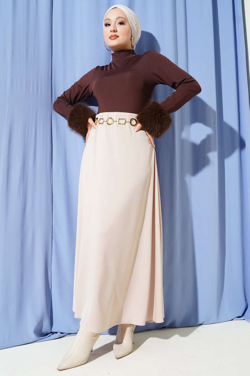 Satin Skirt with Waist Zip - Beige