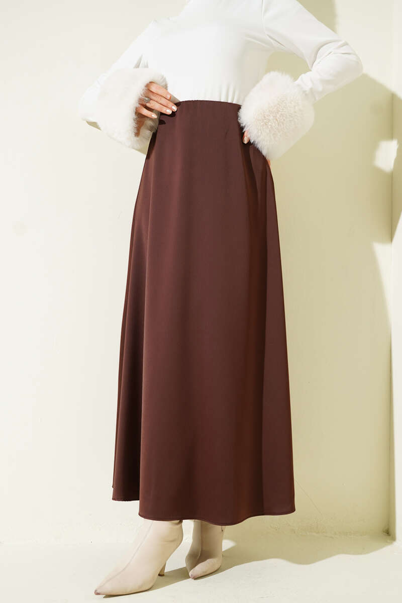 Satin Skirt with Waist Zip - Brown